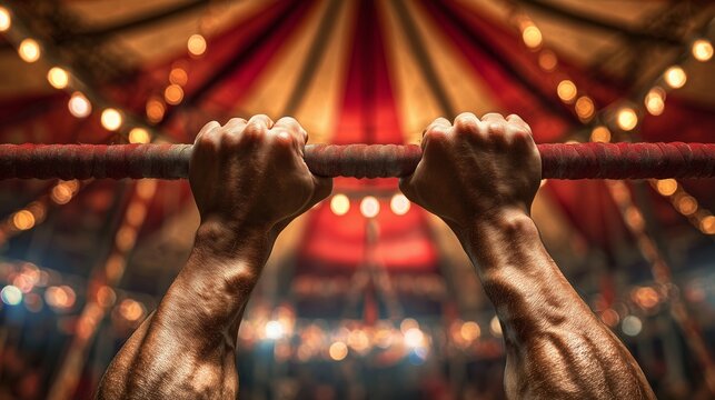 Performers practice skills on the trapeze in a circus tent during a lively evening show filled with bright lights and vibrant colors