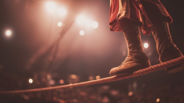 Circus performer walks on tightrope while audience watches under bright lights during evening show