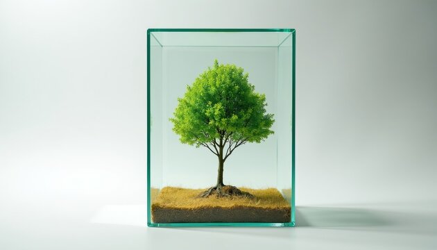 Miniature green tree sits in a clear glass box, isolated on a white background. Tiny natural landscape with soil and grass under bright studio light.