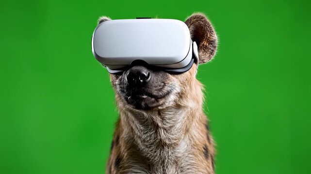 Spotted hyena wearing a virtual reality headset against a vibrant green screen background.