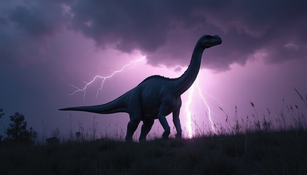 Parasaurolophus walks on grassy hill during intense lightning storm. Dramatic purple sky flashes with electric bolts illuminating ancient creature silhouette in wild nature.