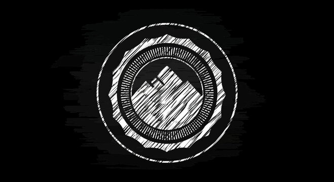 White circular design on black.