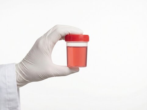 doctor hand holding urine sample container with reddish liquid indicating blood in urine and serious medical condition on white background