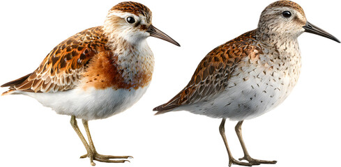Two Least Sandpipers Isolated on White Background Showing Small Shorebirds Detailed Plumage and Wildlife Bird Pair 