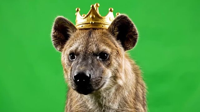 A spotted hyena wearing a golden crown on its head, looking directly at the viewer against a green screen.