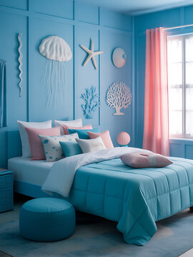 A serene bedroom with sea-inspired decor features a blue bed adorned with pink pillows and a jellyfish starfish coral tree clock sea creature on the wall.