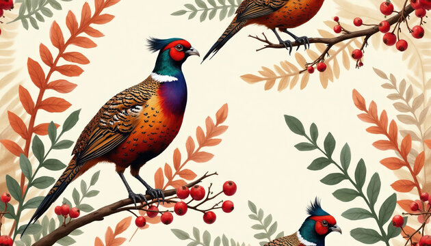 Colorful pheasants rest on branches with red berries and autumn leaves. Birds have detailed feathers and bright plumage. Scene suggests fall season or nature theme.