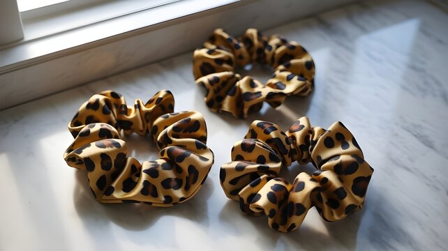 Three Cheetah Print Scrunchies Arranged on a Smooth Surface with Soft Lighting and Minimal Aesthetic Background