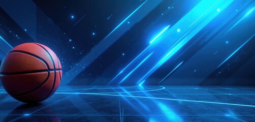 Obraz premium Red basketball rests on blue futuristic court. Abstract glowing lines create dynamic sports background. Motion light streaks suggest speed and energy. Perfect for game promotion.