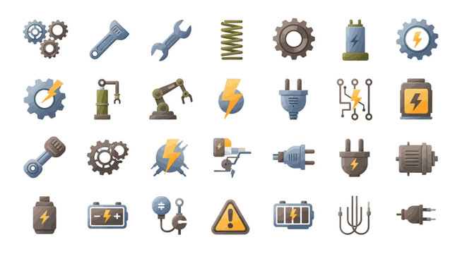 Industrial tools and machinery icons set.
