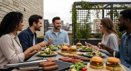 Naklejka premium Friends eating burgers and hot dogs.