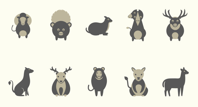 Collection of various animal silhouettes standing.