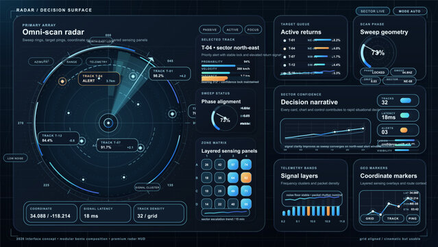 Futuristic blue radar dashboard with circular scan display, target tracking cards, telemetry charts, coordinate markers, and dark grid background