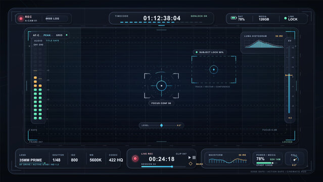 Futuristic camera recording interface HUD with timecode, focus target, audio meters, waveform, histogram and neon grid on dark screen display