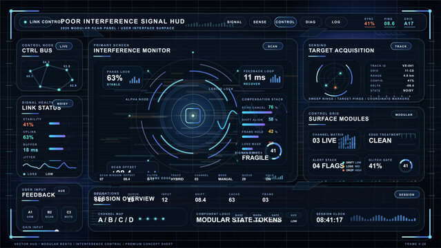 Dark futuristic interference signal HUD with central radar monitor, link status panels, target acquisition module, charts, and neon control interface