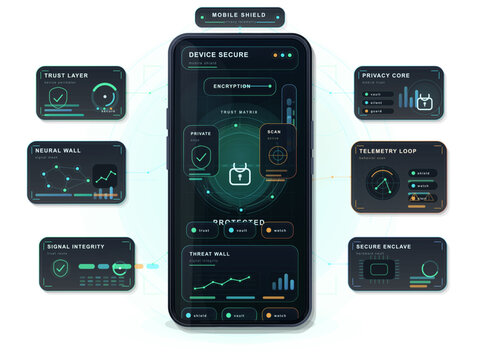 Mobile security dashboard on smartphone with encryption lock, floating privacy panels, trust checks, telemetry charts, and white background