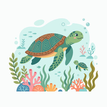 Sea turtle mama swimming with her baby in the ocean with coral reef and tropical marine life