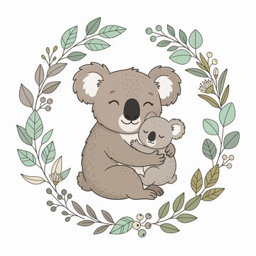 Teddy bear mother with her cute baby with flowers sitting on a tree branch