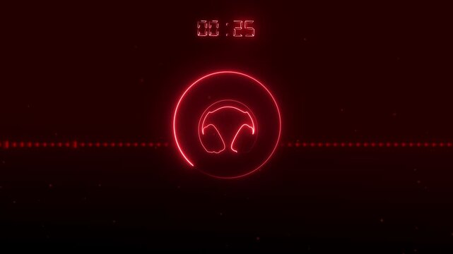 Red neon headphones icon and sound wave equalizer with timer. Headphones icon audio. Professional red neon headphones icon for audio recording and music studio visualizations.