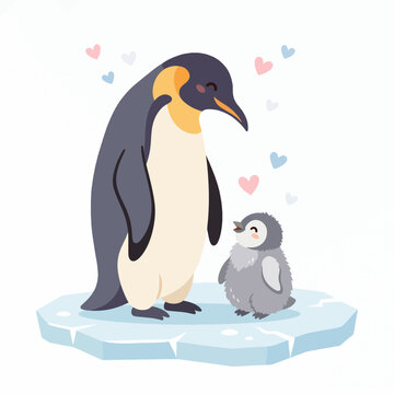Cute mother penguins with her baby on the ice in a funny cartoon vector illustration of a wildlife family in the cold Antarctica winter snow