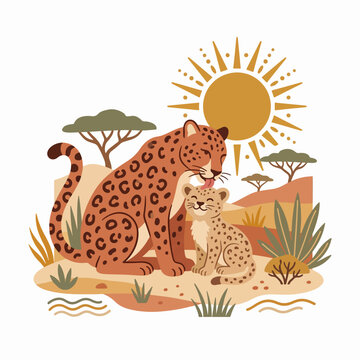 Mother Leopard with her baby in jungle cartoon illustration wild safari animal scene