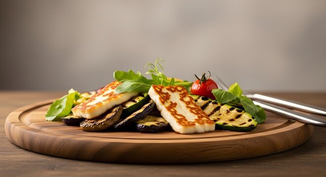 Grilled sandwich on wooden plate.