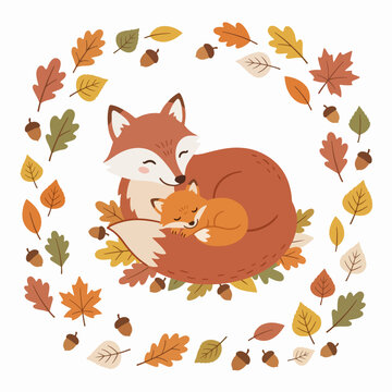 sweet cartoon wild fox mother with her cute baby in an autumn forest illustration