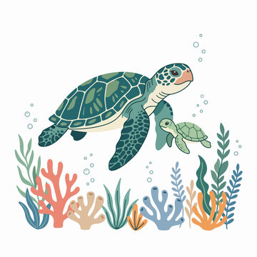 Mother sea turtle swimming with her baby in the ocean with coral reef and tropical marine life