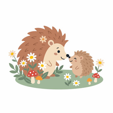 Cute cartoon hedgehog mother sitting in the grass with her baby hedgehog in a playful nature illustration