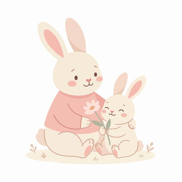 A cute pink cartoon easter bunny rabbit with colorful easter eggs in a happy spring holiday vector illustration design for a fun greeting card art