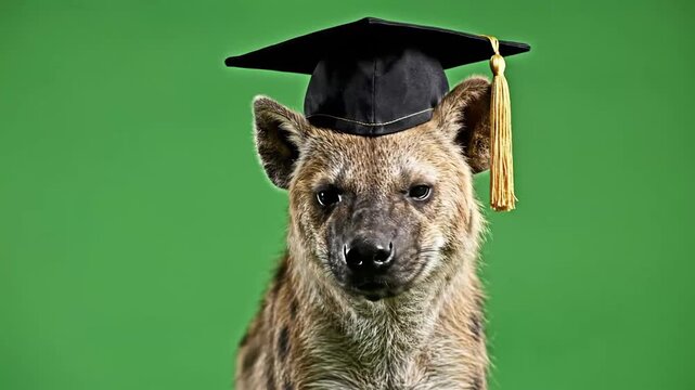 A spotted hyena wearing a black graduation cap with a gold tassel, looking directly at the camera against a plain green background.