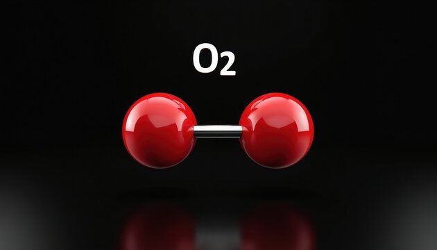 Oxygen molecule model O2 with two red atoms connected by a bond. Shows essential element for life and breathing. Simple scientific illustration on black background.