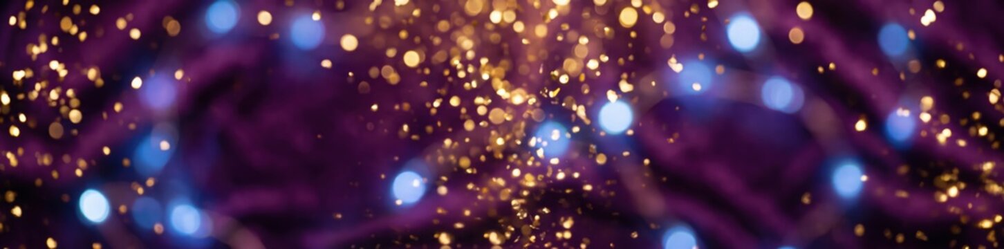 Purple velvet fabric with gold glitter bokeh and blue light particles