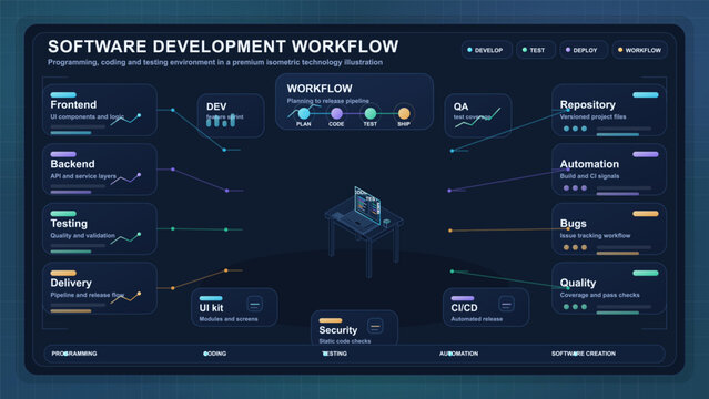 Isometric software development workflow dashboard with coding pipeline, testing, deployment, repository, automation and neon UI panels on dark grid