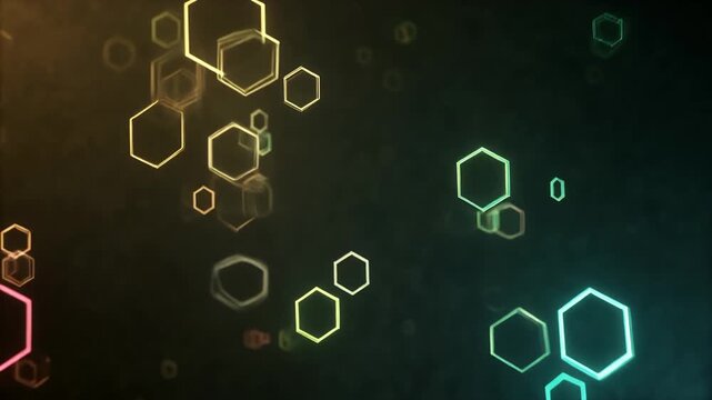 Floating Semi-Transparent Hexagons Bouncing Gently Over Dark Grainy Background &ndash; Soft Ambient Lighting for Minimal Abstract Futuristic Visual Design