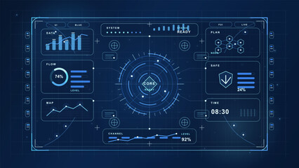 Fototapeta premium Futuristic blue HUD dashboard interface with central core target, data charts, flow gauges, map, status panels and neon grid background