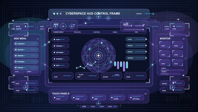 Dark cyberspace HUD control frame with central radar display, side menu, monitor nodes, touch panels, status bars and neon gaming interface.
