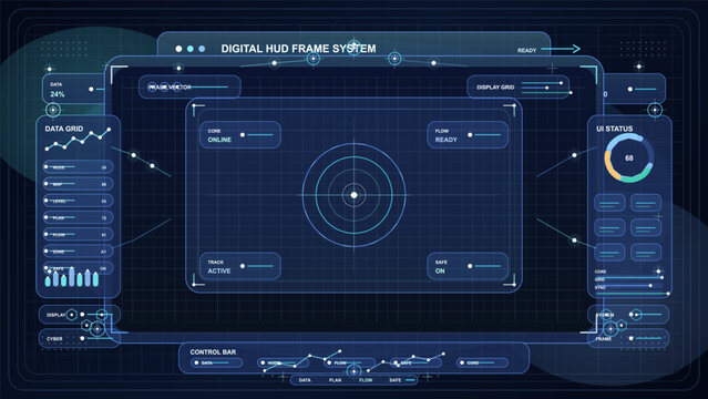 Dark digital HUD frame system with central targeting reticle, data grid sidebar, UI status panel, control bar and neon blue interface lines.