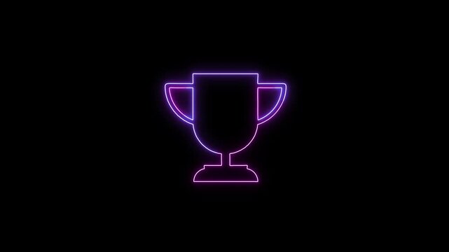 Minimalist purple neon trophy icon glowing on dark black background. Success achievement victory sign. Competitive gaming excellence purple neon trophy icon for user interfaces.