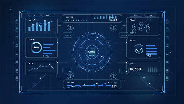 Futuristic blue HUD dashboard interface with central core target, data charts, flow gauges, map, status panels and neon grid background