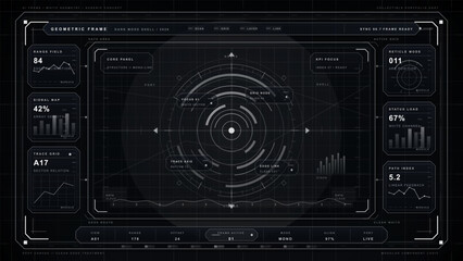 Monochrome futuristic geometric HUD interface with circular reticle, modular data panels, charts, white linework, and dark grid background © Антон Сальников