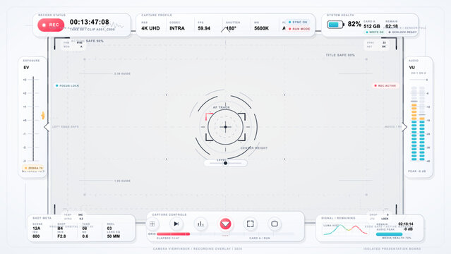 Clean camera recording viewfinder overlay with 4K capture settings, focus reticle, exposure scale, audio meter, and control panels on pale background