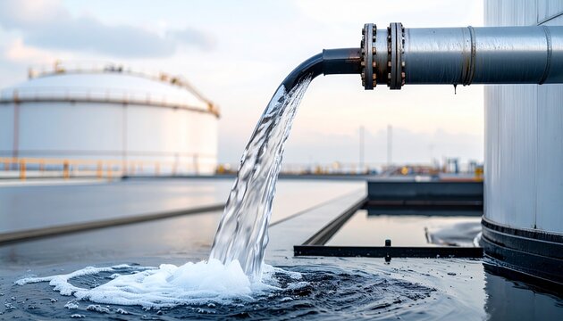 Industrial pipe discharging water near storage tank at plant site