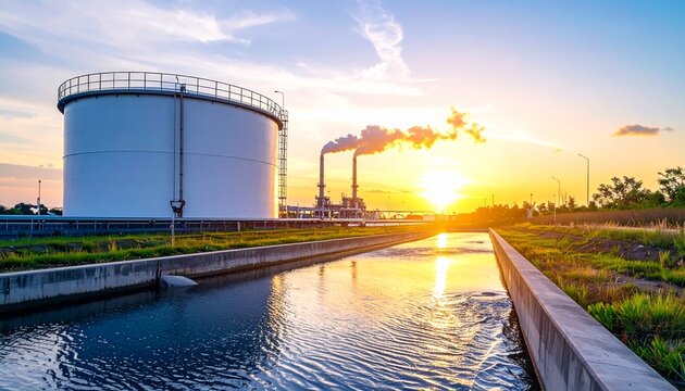 Industrial pipe discharging water near storage tank at plant site