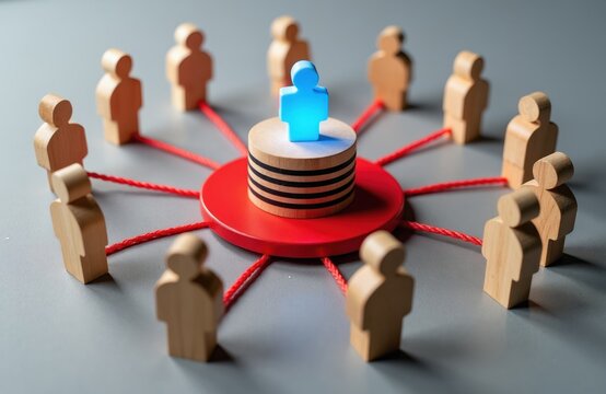 Wooden figures surround a glowing blue person on a central platform. Red lines connect everyone, showing a linked network. Teamwork, connection, and leadership concepts.