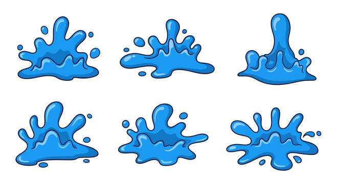 Vibrant blue liquid splash patterns scattered across a clean white surface in various dynamic movements.