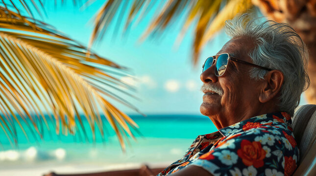AI-generated image of a snowbird senior on a tropical beach
