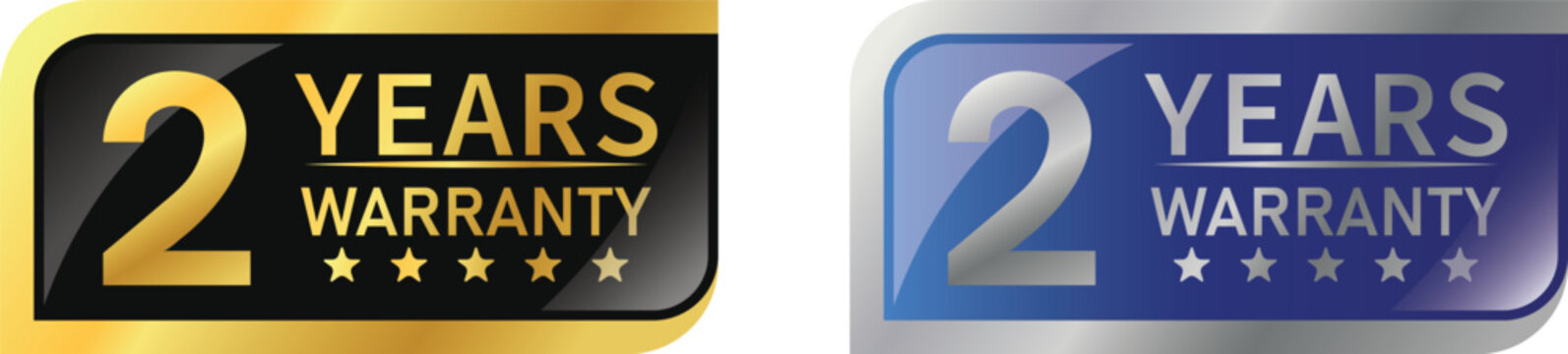 2 Year warranty label, badge, icon, logo. Parallelogram rhombus shape with gold and silver color. Vector Illustration  