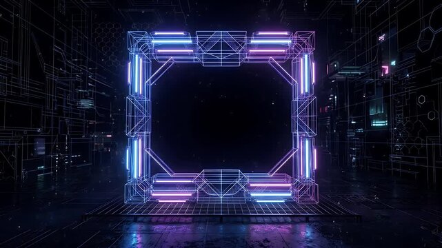 A glowing wireframe frame acts as a placeholder, showcasing neon colors, and set against a dark background filled with abstract shapes.
