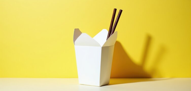 Open white paper take-out box with dark chopsticks rests on light surface. Bright yellow backdrop casts long shadow, suggesting mealtime or delivery service.